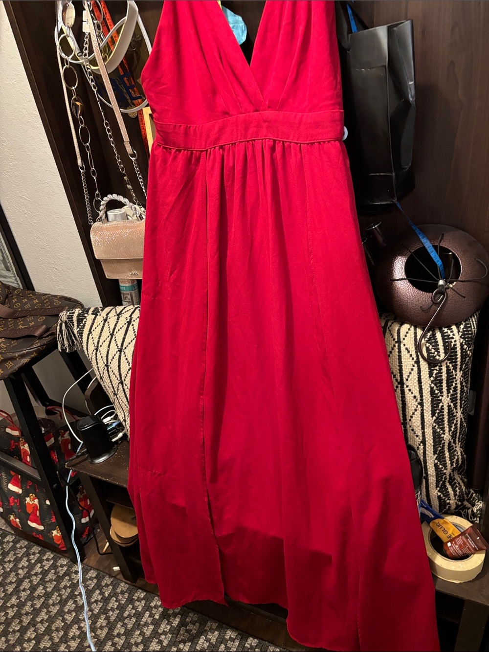 Sleeveless Red V-Neck Maxi Dress with Gathered Waist/ two front splits.